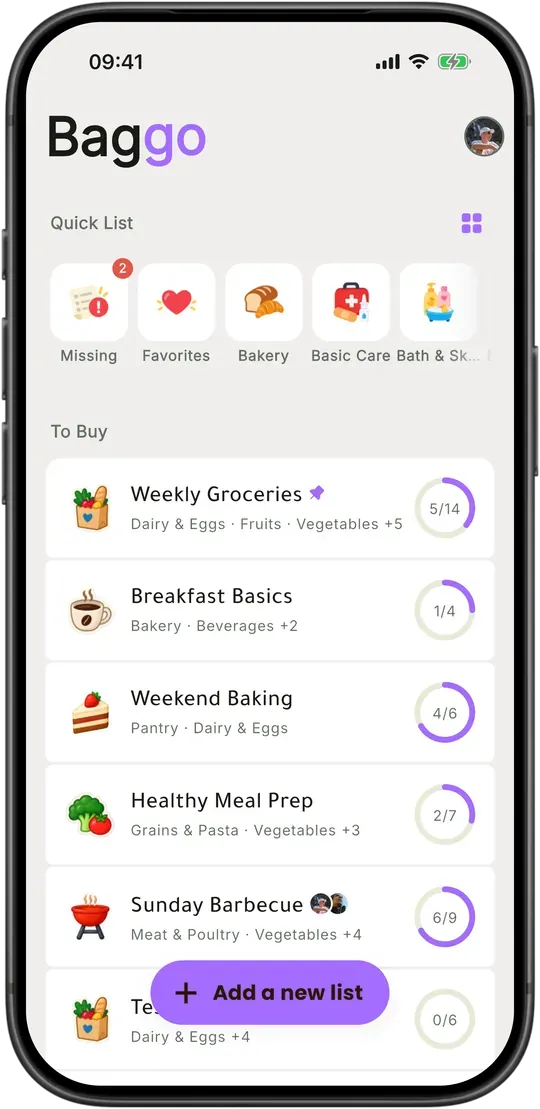 Baggo's home screen in light mode with the Seoul colour scheme.